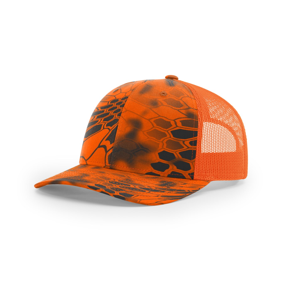 Richardson 112P blank hat in Kryptek Inferno/Blaze Orange — front angled view