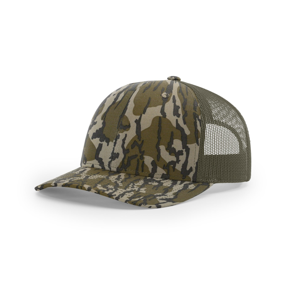Richardson 112P blank hat in Mossy Oak Bottomland/Loden — front angled view