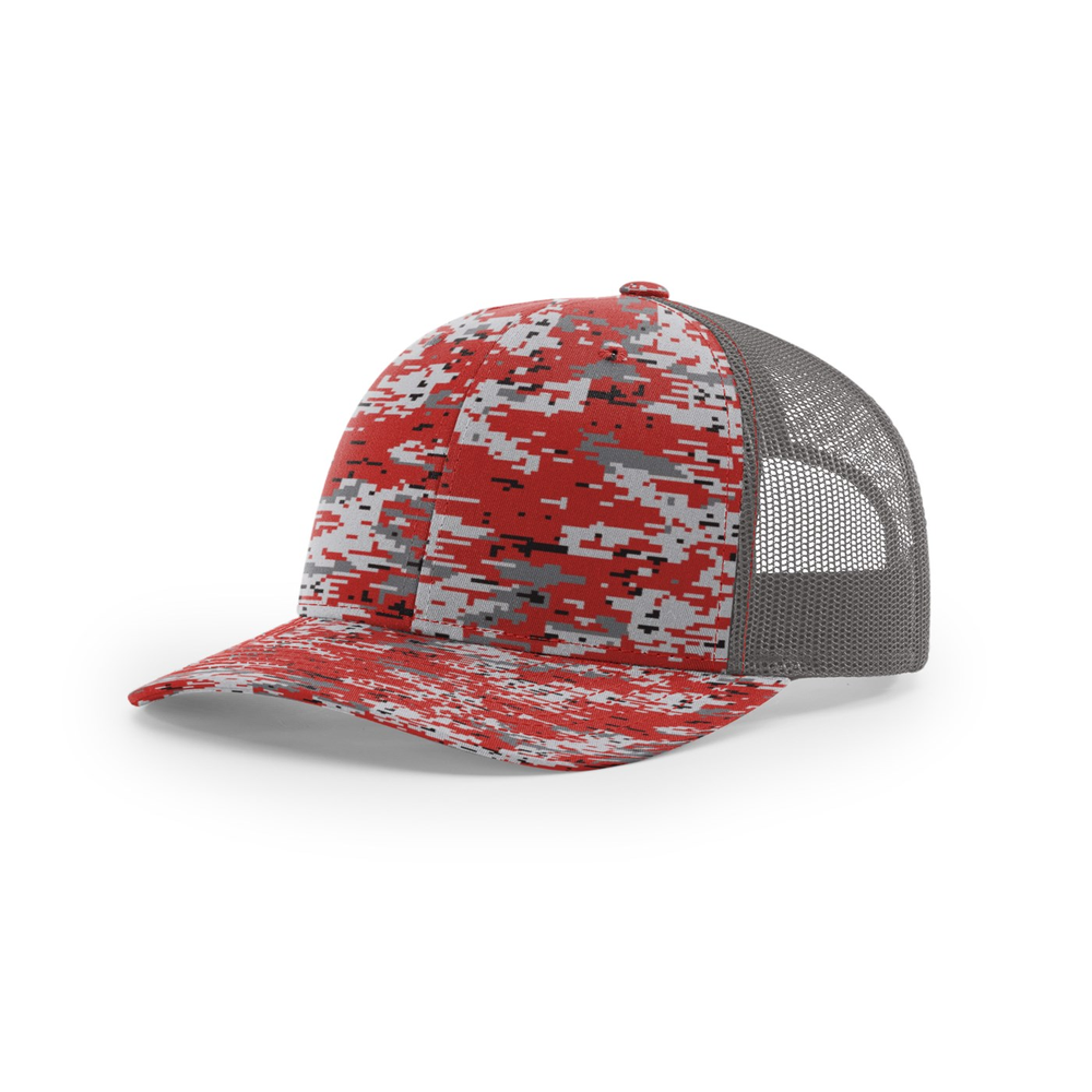 Richardson 112P blank hat in Red Digital Camo/Charcoal — front angled view