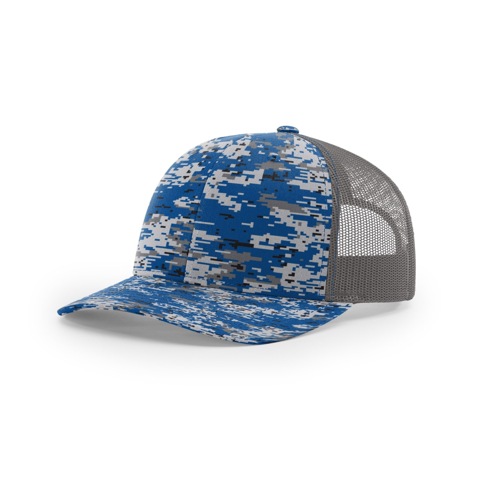 Richardson 112P blank hat in Royal Digital Camo/Charcoal — front angled view