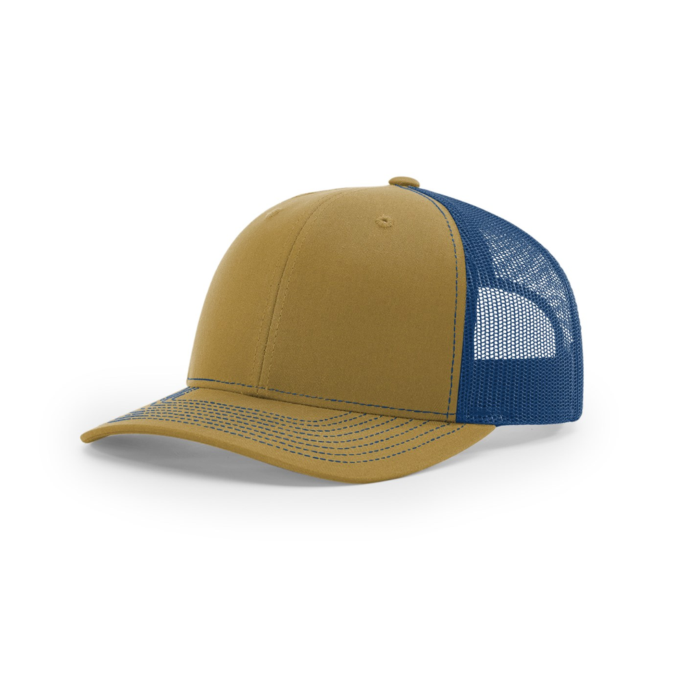 Richardson 112 blank hat in Biscuit/True Blue — front angled view
