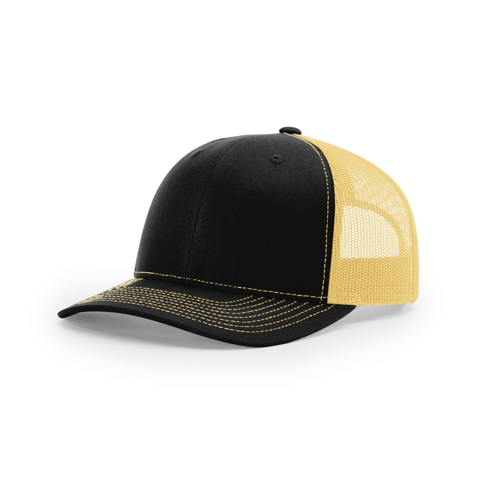 Richardson 112 blank hat in Black/Vegas Gold — front angled view