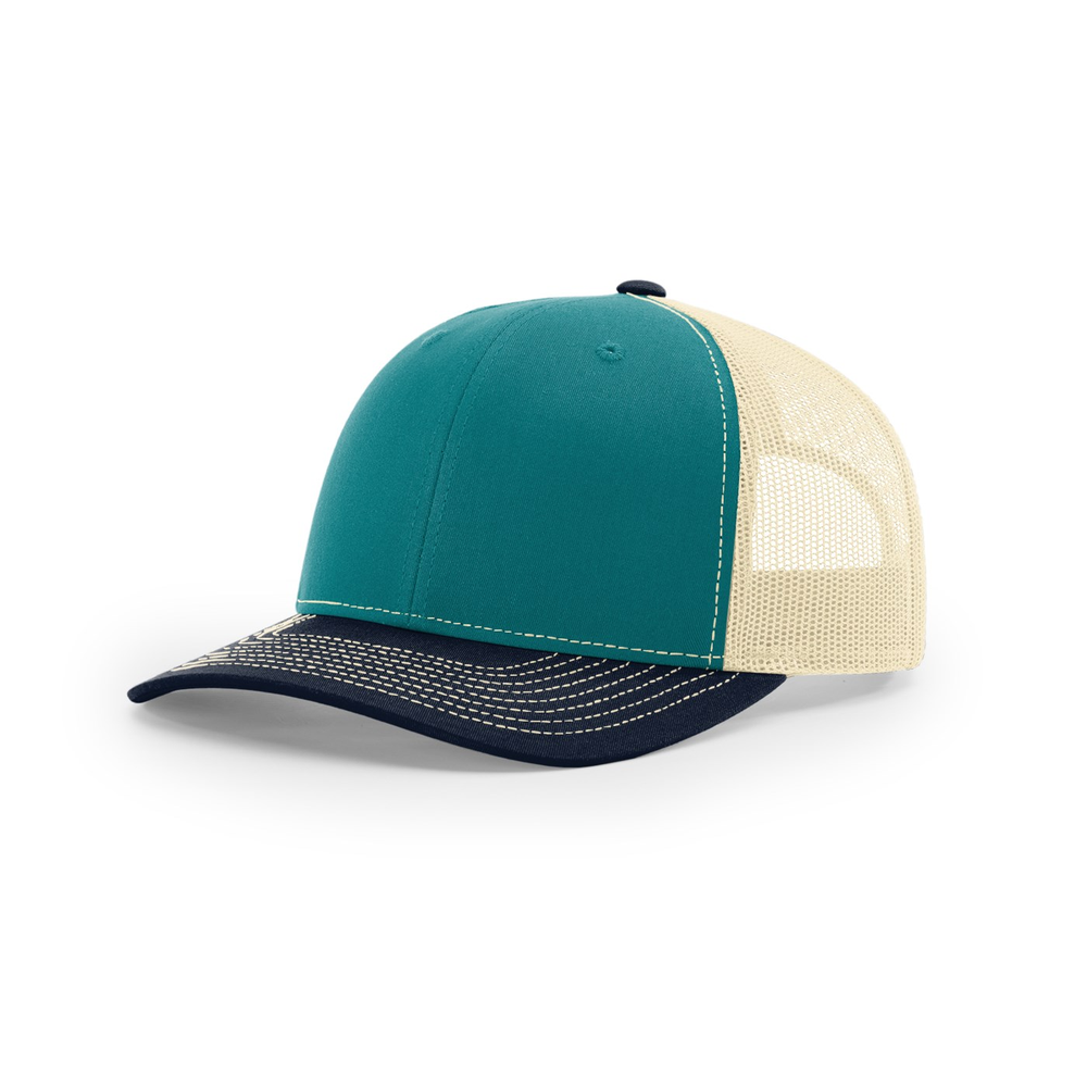Richardson 112 blank hat in Blue Teal/Birch/Navy — front angled view