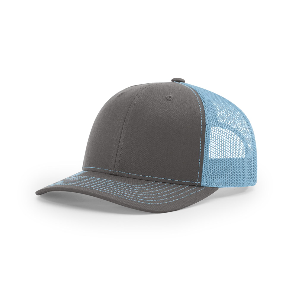 Richardson 112 blank hat in Charcoal/Columbia Blue — front angled view