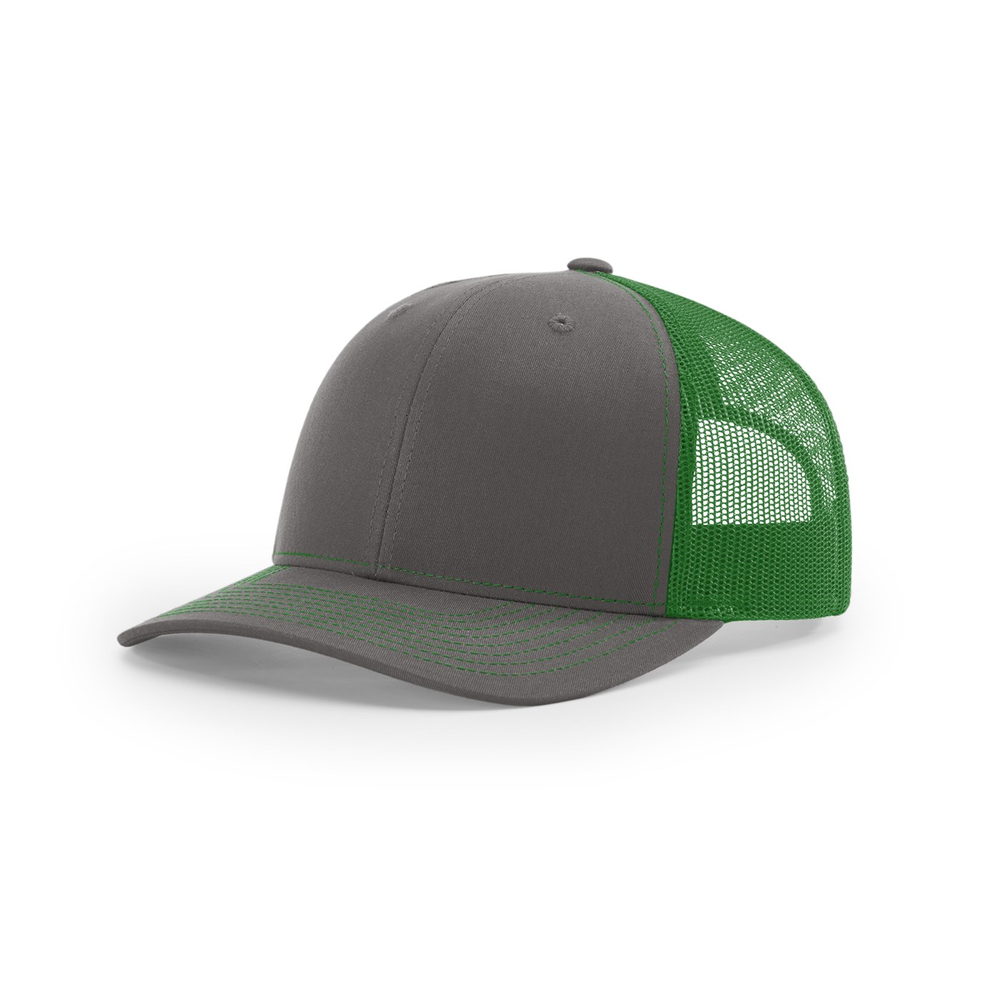 Richardson 112 blank hat in Charcoal/Kelly — front angled view