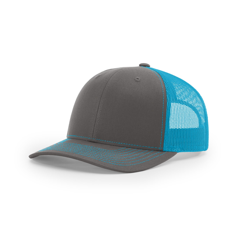Richardson 112 blank hat in Charcoal/Neon Blue — front angled view