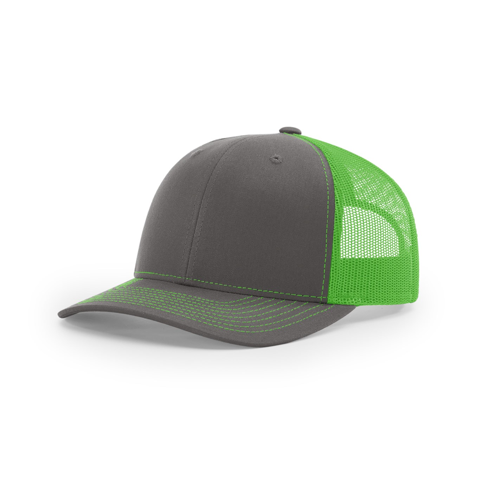 Richardson 112 blank hat in Charcoal/Neon Green — front angled view