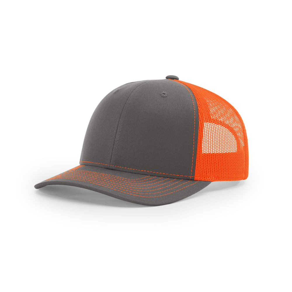 Richardson 112 blank hat in Charcoal/Neon Orange — front angled view