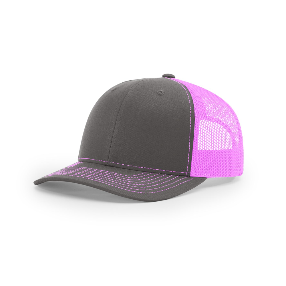 Richardson 112 blank hat in Charcoal/Neon Pink — front angled view