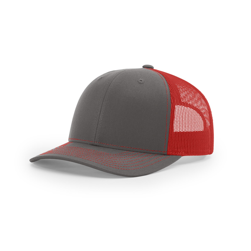 Richardson 112 blank hat in Charcoal/Red — front angled view