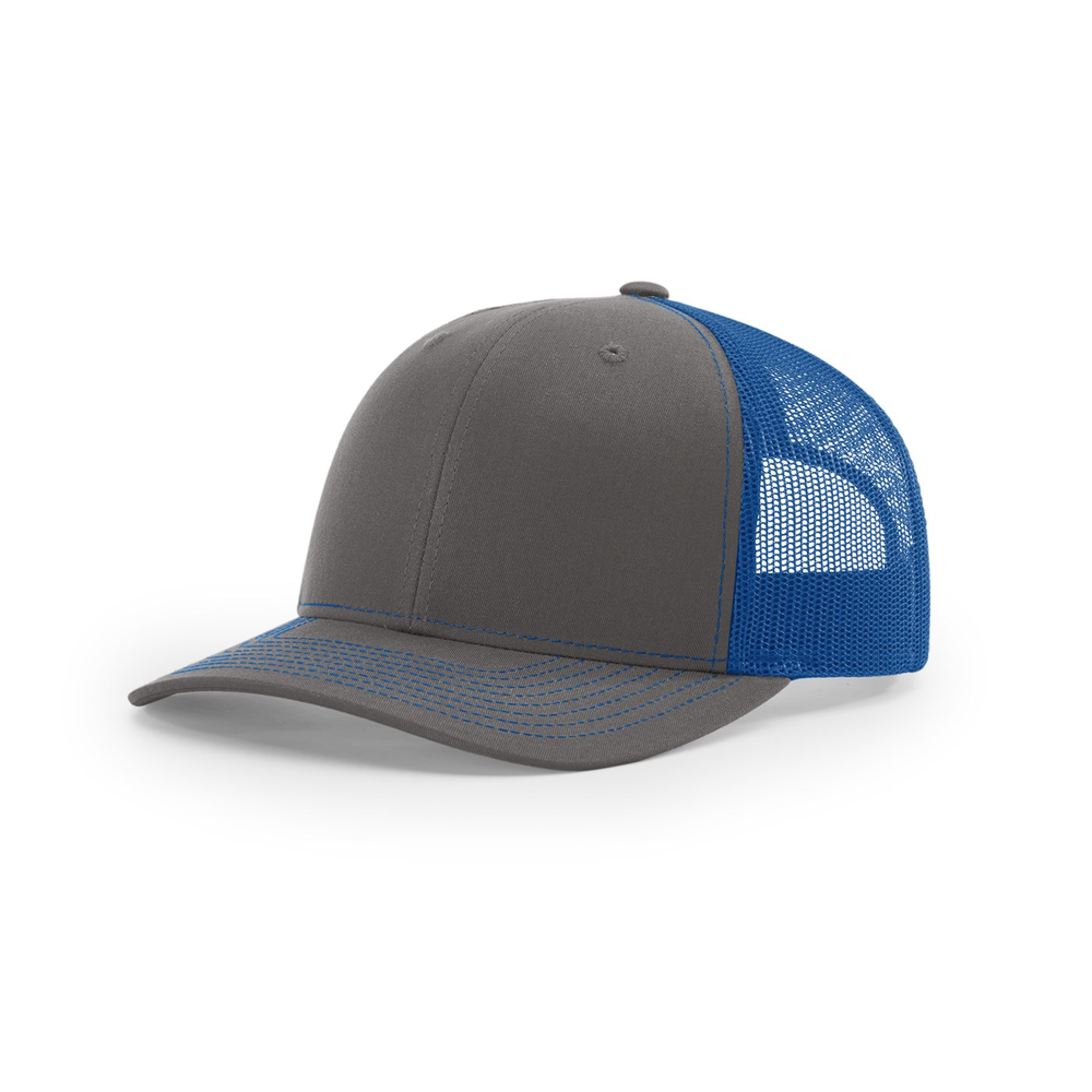 Richardson 112 blank hat in Charcoal/Royal — front angled view