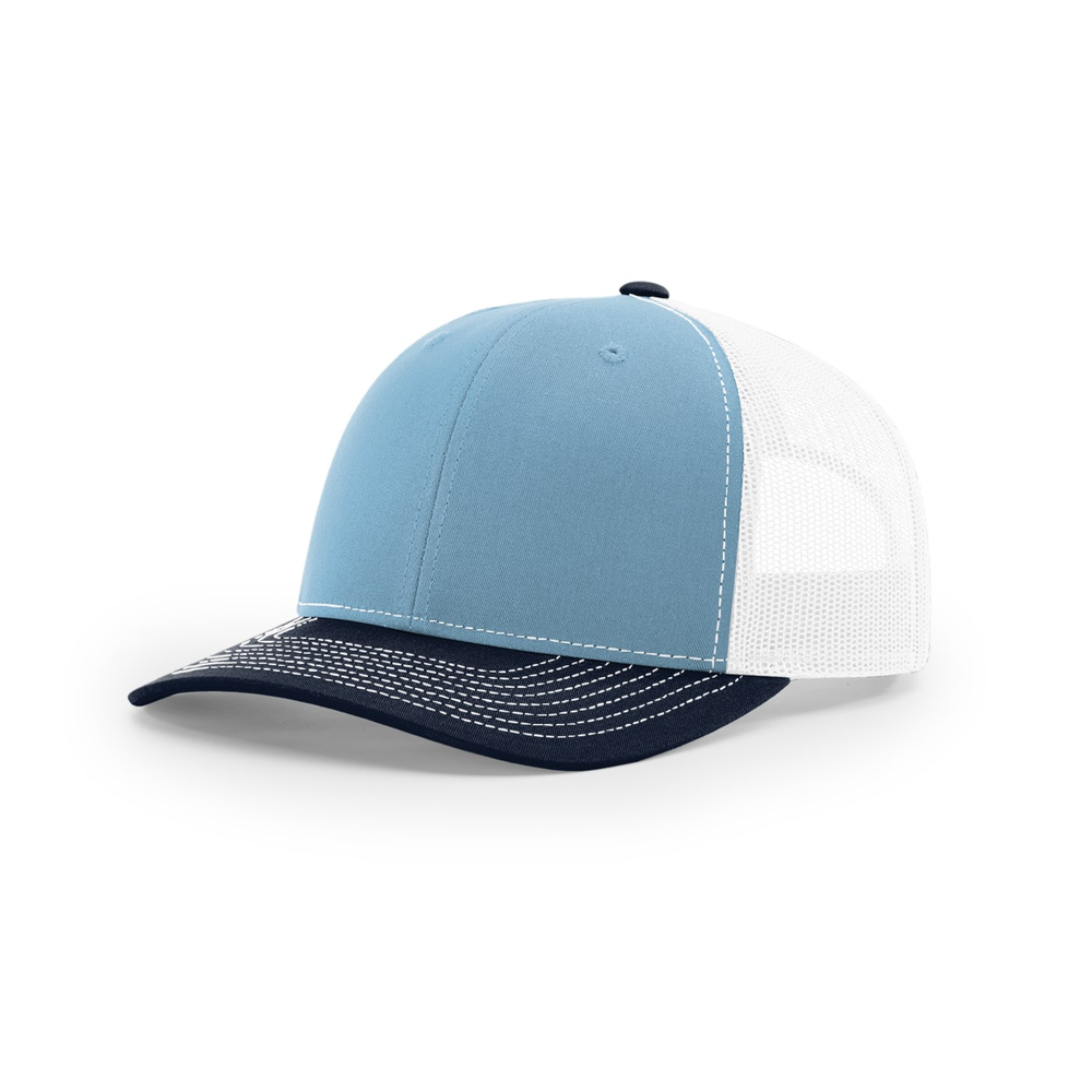 Richardson 112 blank hat in Columbia Blue/White/Navy — front angled view