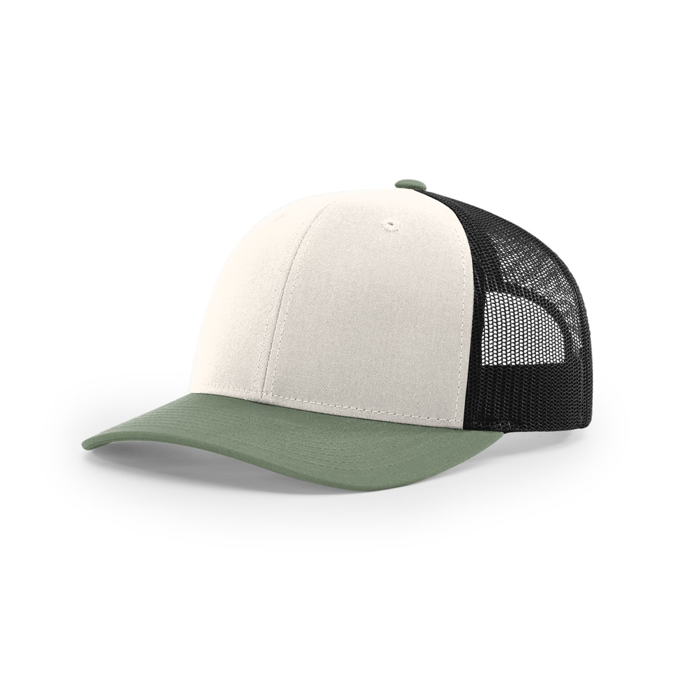 Richardson 112 blank hat in Cream/Black/Loden — front angled view