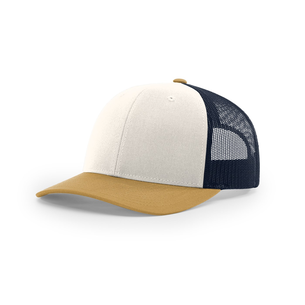 Richardson 112 blank hat in Cream/Navy/Amber Gold — front angled view