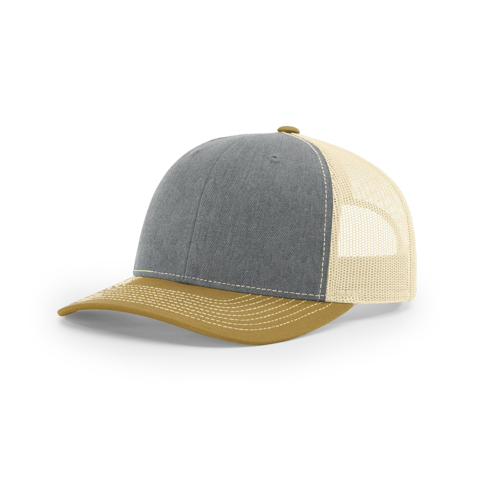 Richardson 112 blank hat in Heather Grey/Birch/Amber Gold — front angled view