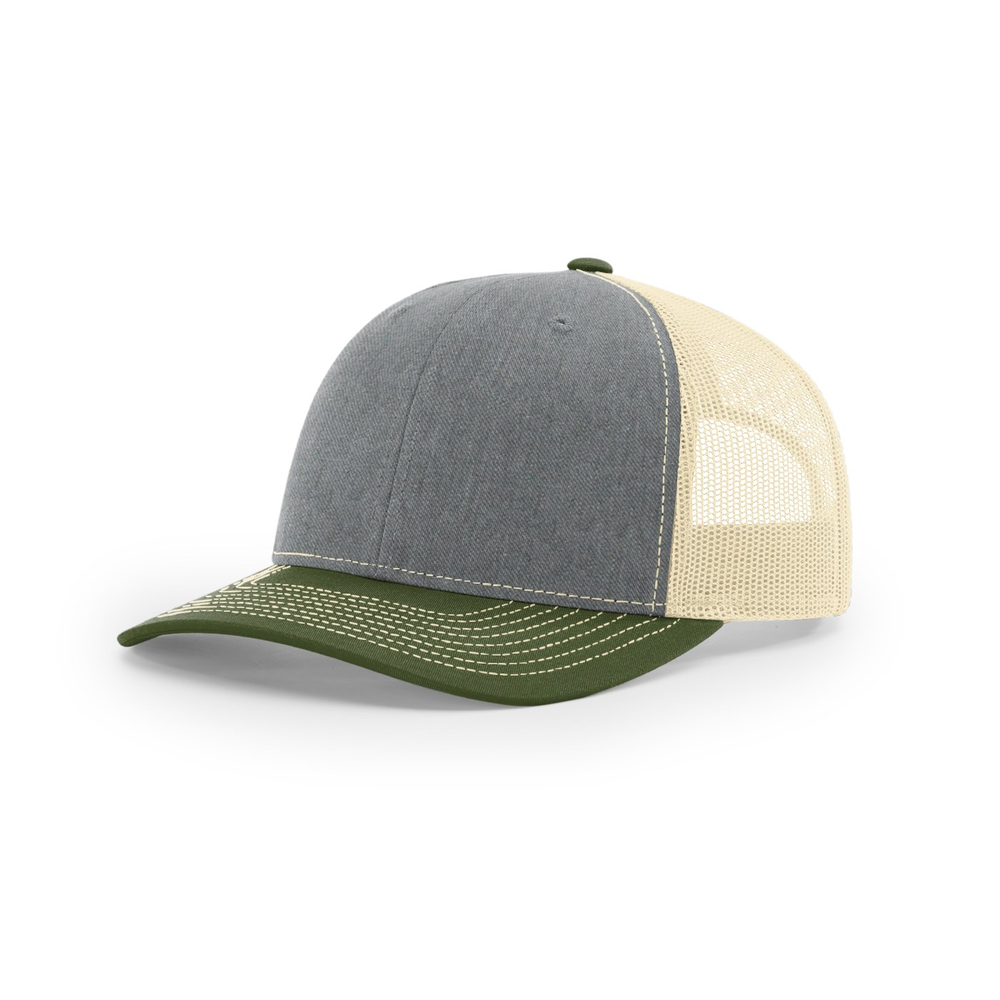 Richardson 112 blank hat in Heather Grey/Birch/Army Olive — front angled view