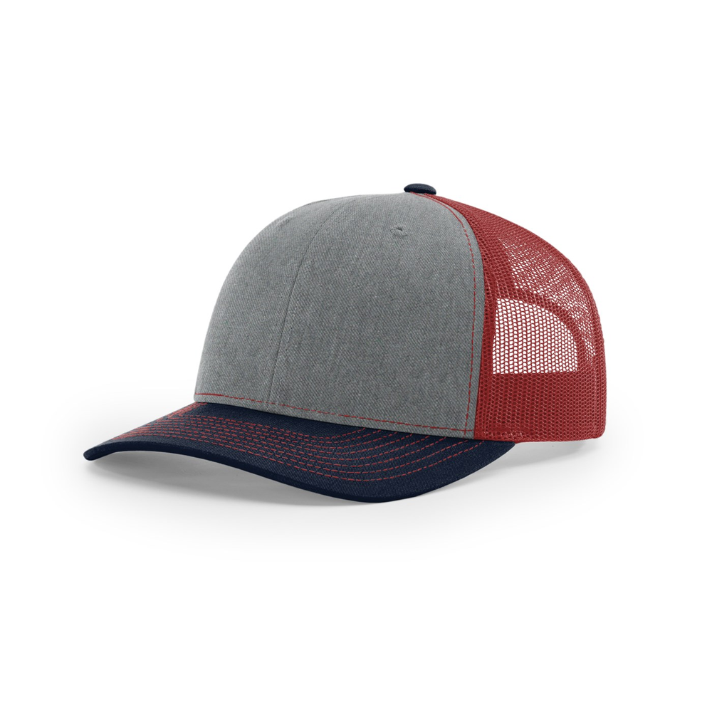 Richardson 112 blank hat in Heather Grey/Cardinal Navy — front angled view