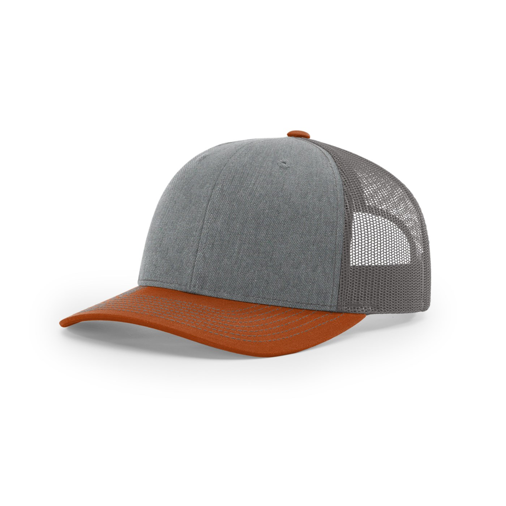 Richardson 112 blank hat in Heather Grey/Charcoal/Dark Orange — front angled view