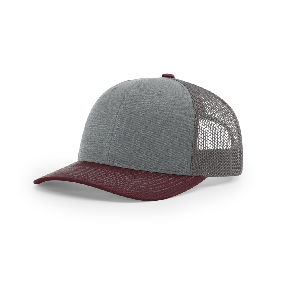 Richardson 112 blank hat in Heather Grey/Charcoal/Maroon — front angled view