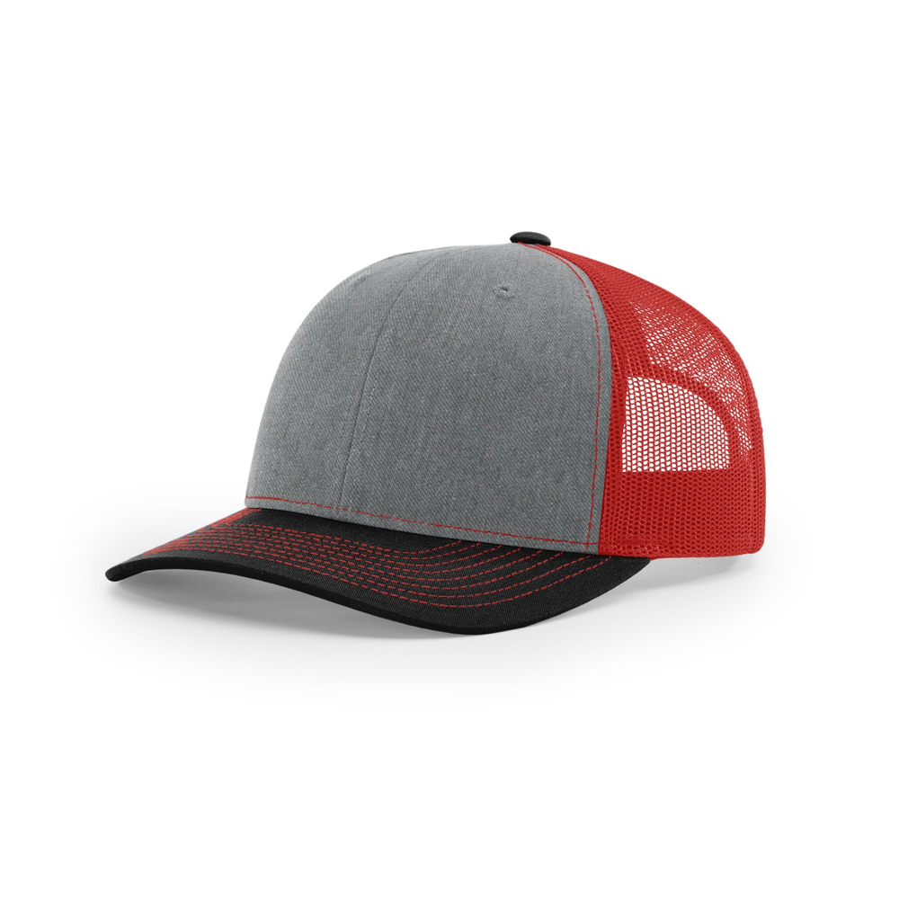 Richardson 112 blank hat in Heather Grey/Red/Black — front angled view