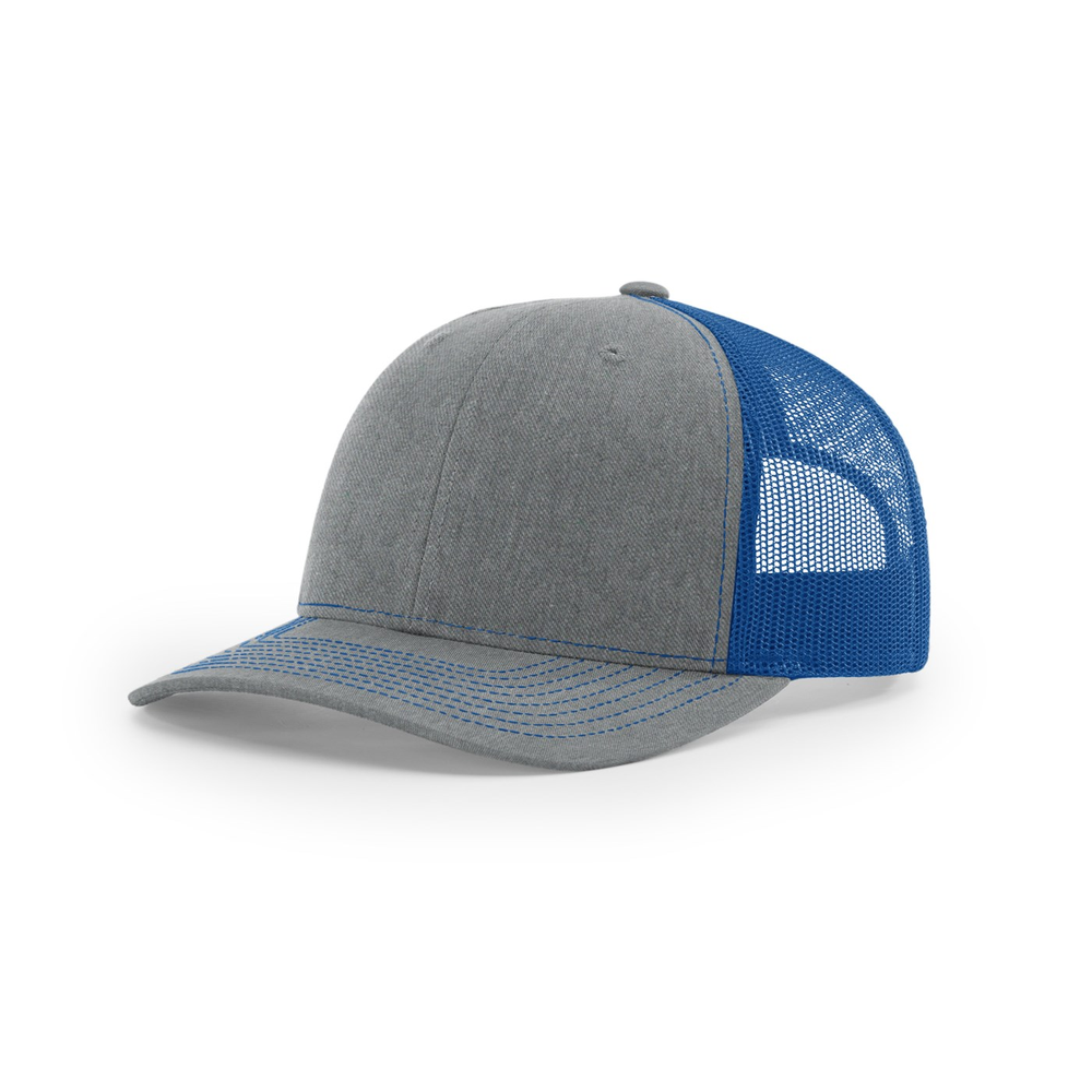 Richardson 112 blank hat in Heather Grey/Royal — front angled view