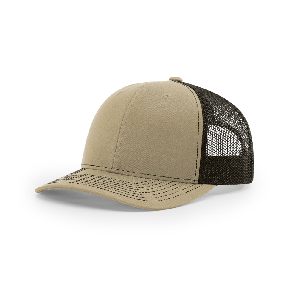 Richardson 112 blank hat in Khaki/Coffee — front angled view