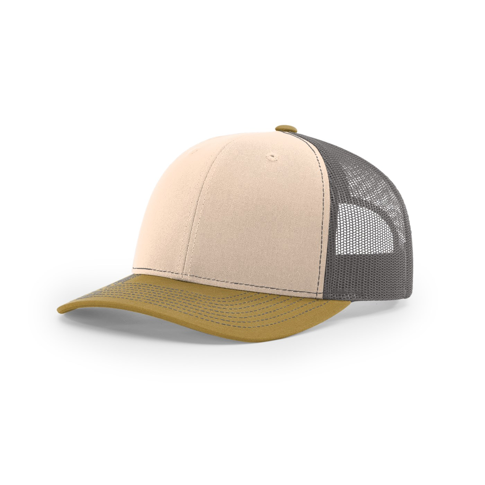 Richardson 112 blank hat in Mink Beige/Charcoal/Amber Gold — front angled view