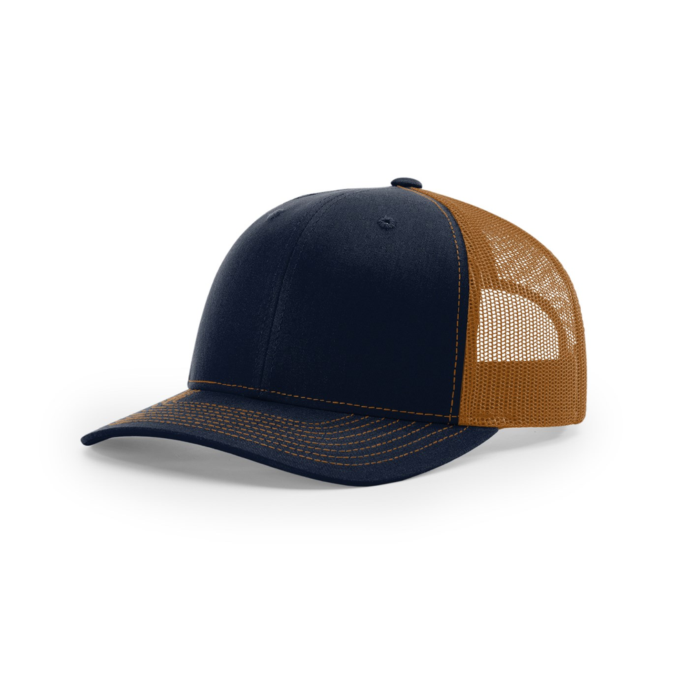 Richardson 112 blank hat in Navy/Caramel — front angled view