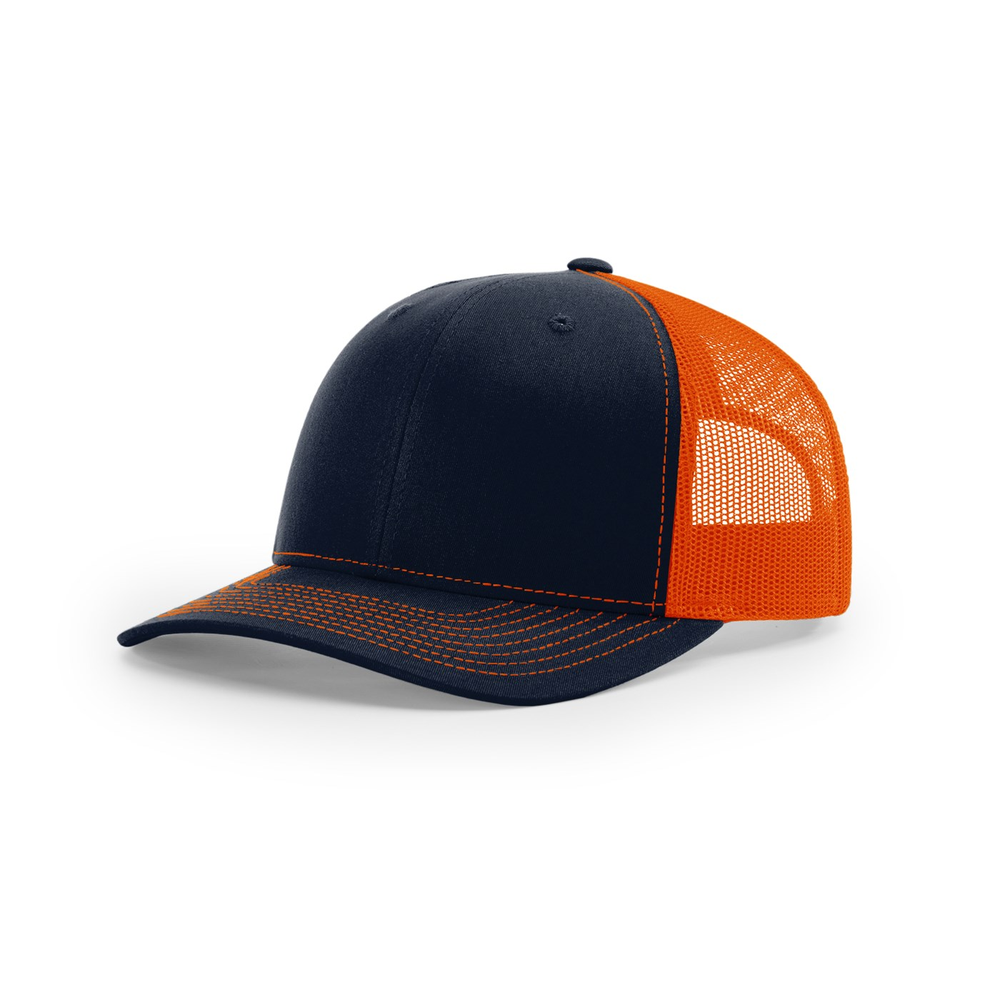 Richardson 112 blank hat in Navy/Orange — front angled view