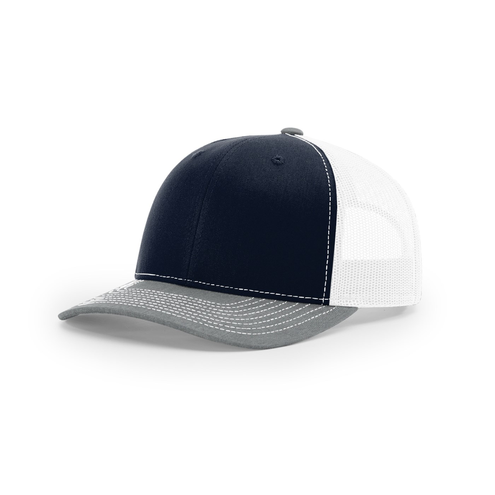 Richardson 112 blank hat in Navy/White/Heather Grey — front angled view
