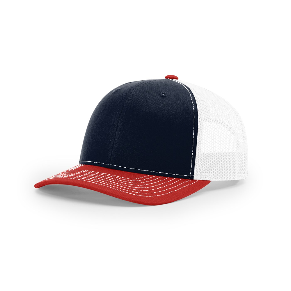 Richardson 112 blank hat in Navy/White/Red — front angled view