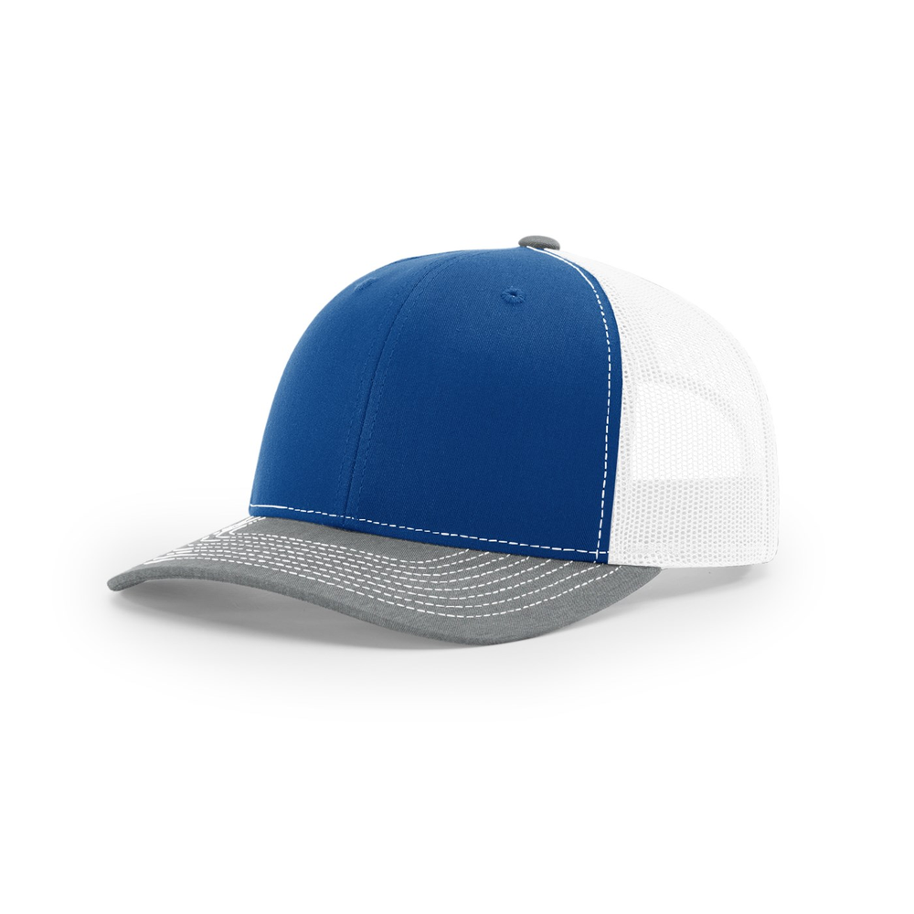 Richardson 112 blank hat in Royal/White/Heather Grey — front angled view