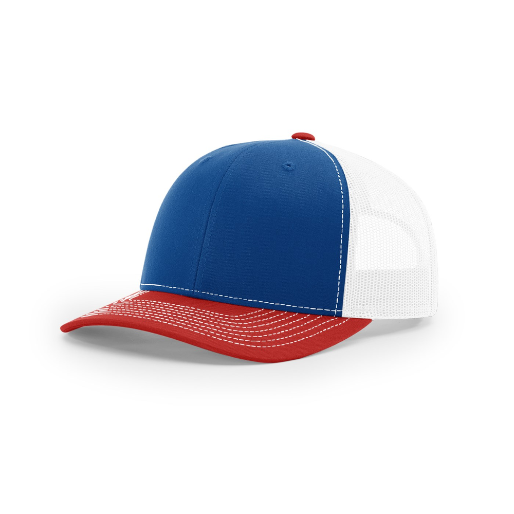 Richardson 112 blank hat in Royal/White/Red — front angled view