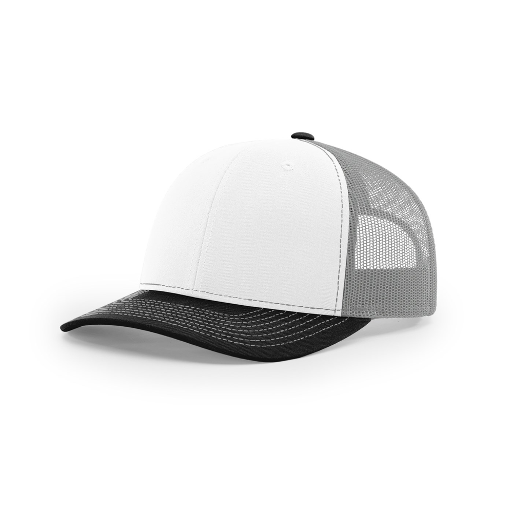 Richardson 112 blank hat in White/Aluminum/Black — front angled view