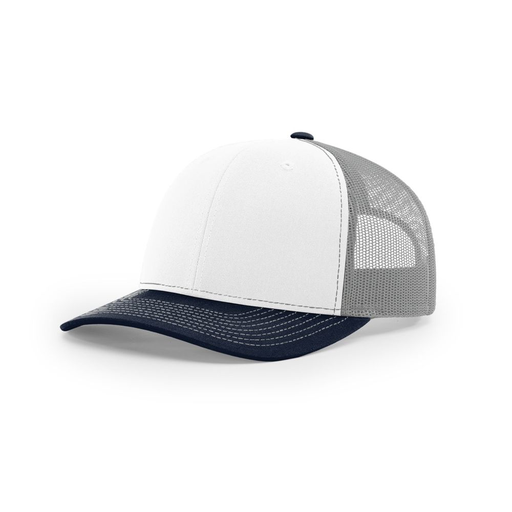 Richardson 112 blank hat in White/Aluminum/Navy — front angled view