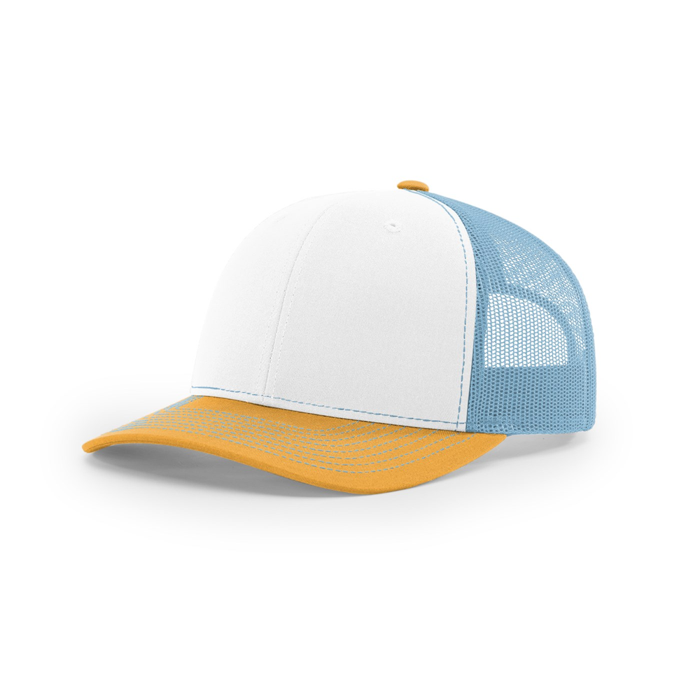 Richardson 112 blank hat in White/Columbia Blue/Yellow — front angled view