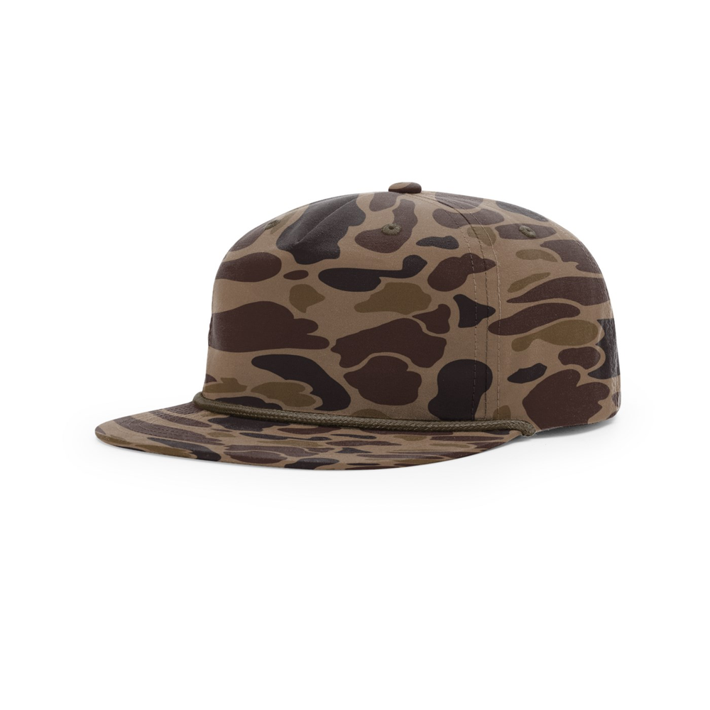 Richardson 256P blank hat in Bark Duck Camo w/ Brown Rope — front angled view