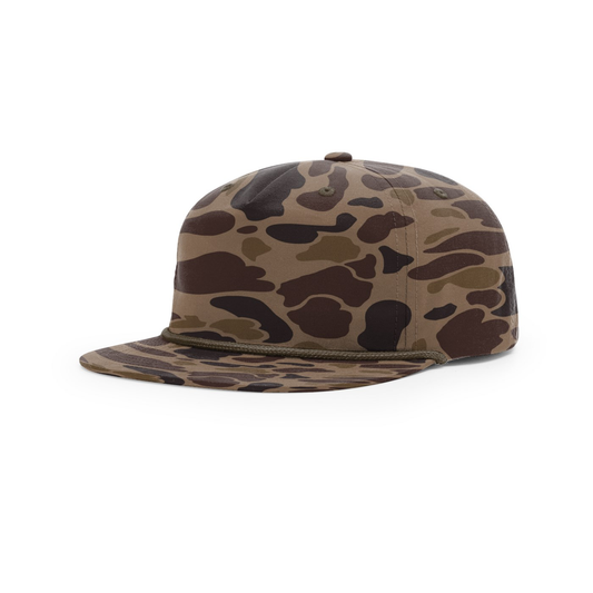 Richardson 256P blank hat in Bark Duck Camo w/ Brown Rope — front angled view