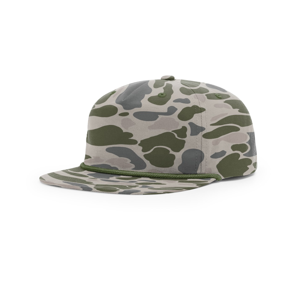 Richardson 256P blank hat in Marsh Duck Camo w/ Olive Rope — front angled view