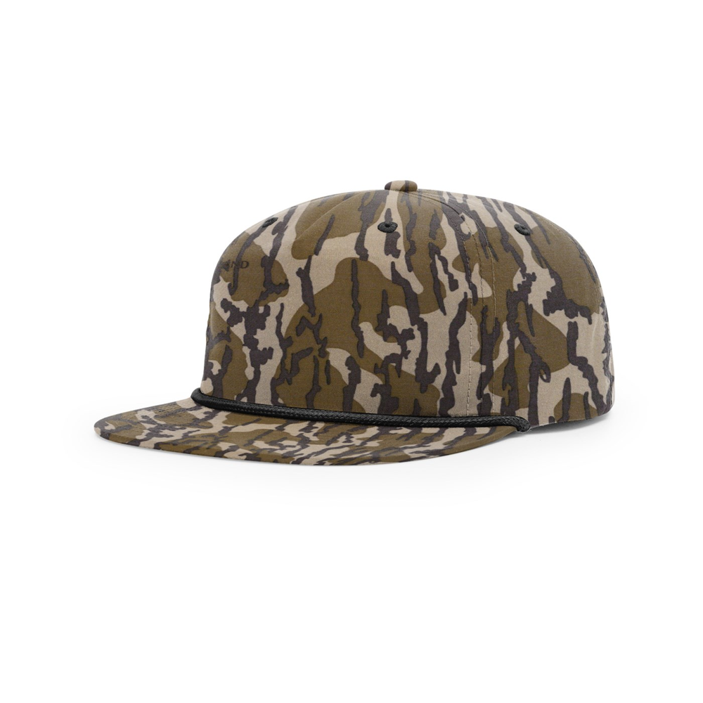 Richardson 256P blank hat in Mossy Oak Bottomland w/ Black Rope — front angled view