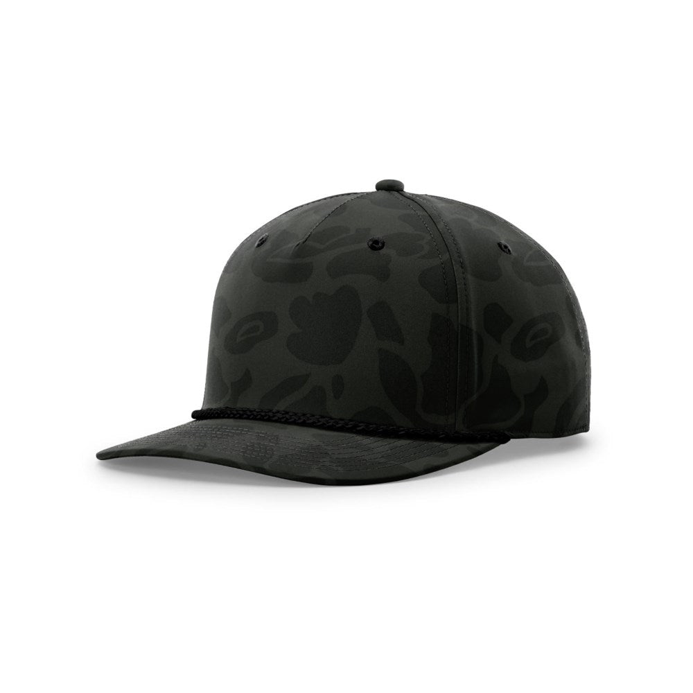 Richardson 258P blank hat in Sable Duck Camo/Black — front angled view