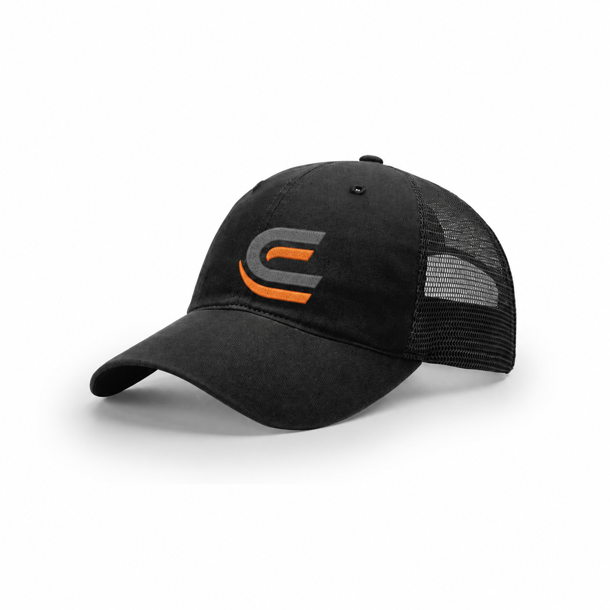 Catalyst Caps C logo shown as flat embroidery on black Richardson 111 hat