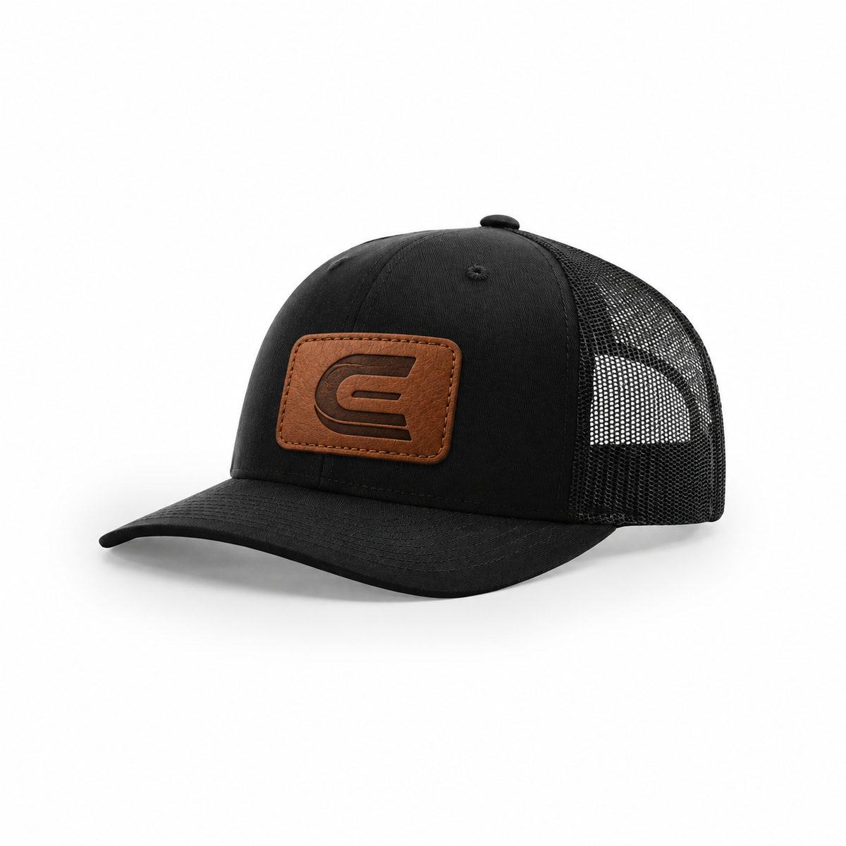 Catalyst Caps C logo shown as an engraved leather patch on Richardson 112RE hat