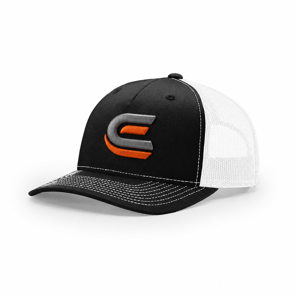 Catalyst Caps C logo shown as raised 3D puff embroidery on Richardson 112FP hat