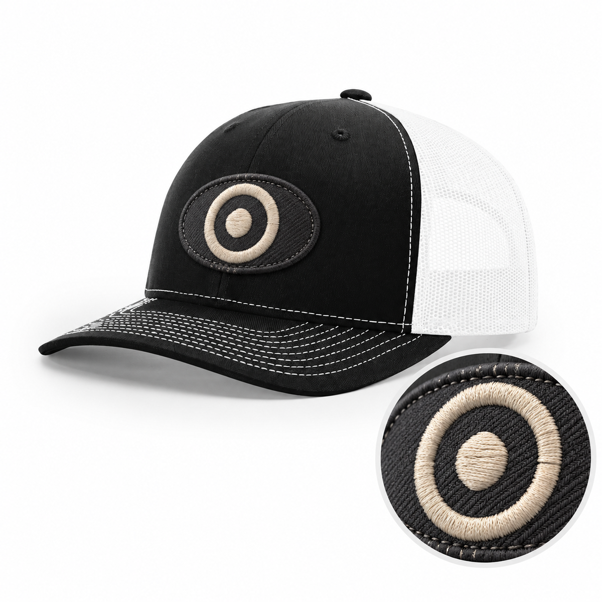 Illustrative embroidered patch on Richardson 112 hat, with stitch close-up