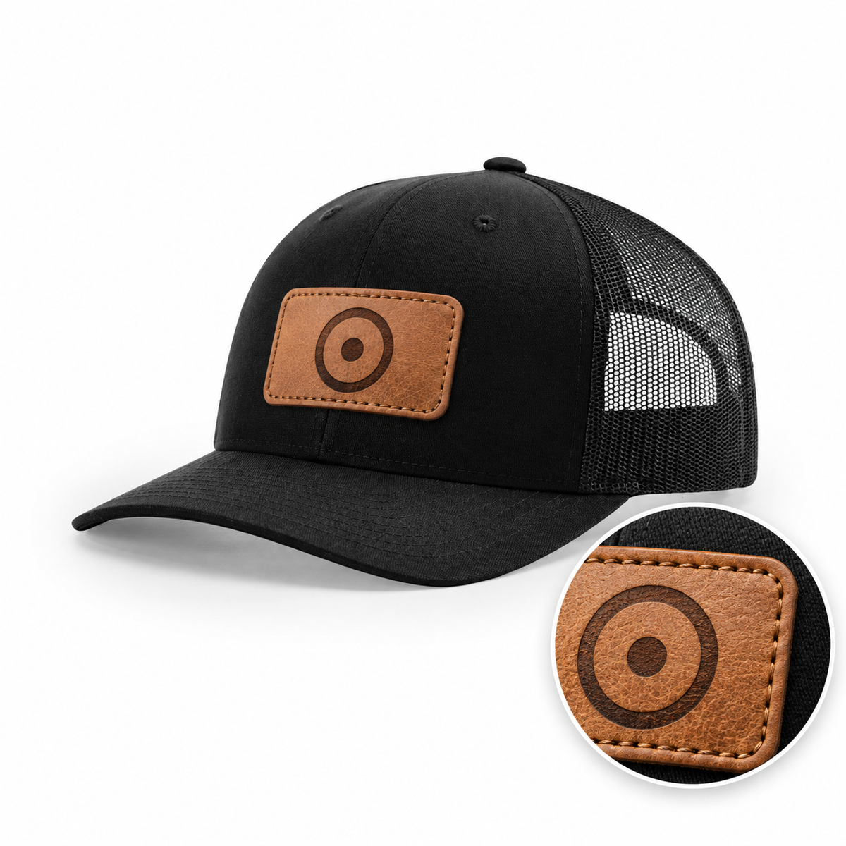 Illustrative etched leather patch on Richardson 112RE hat, with leather close-up