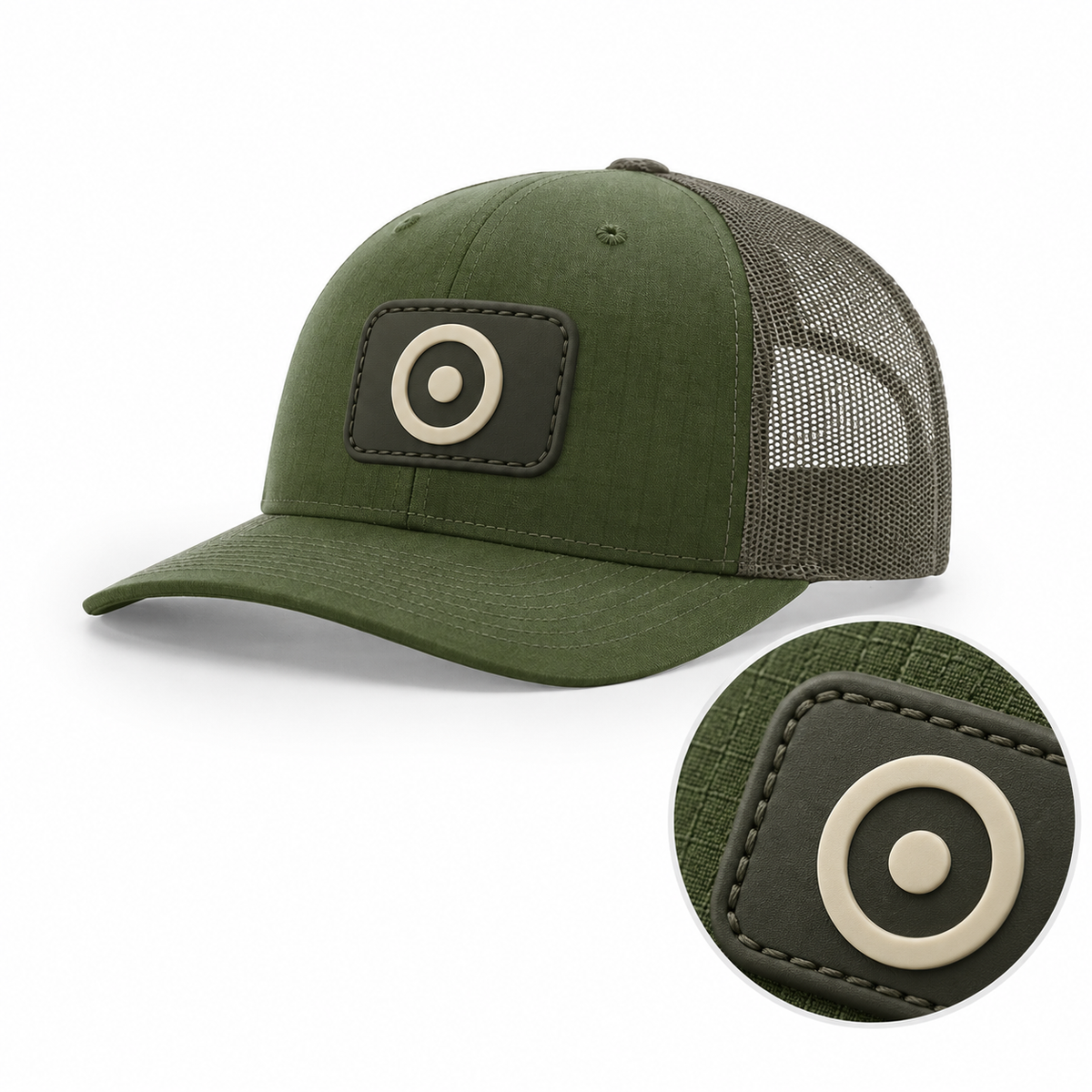Illustrative molded PVC patch on Richardson 112T hat, with rubber close-up