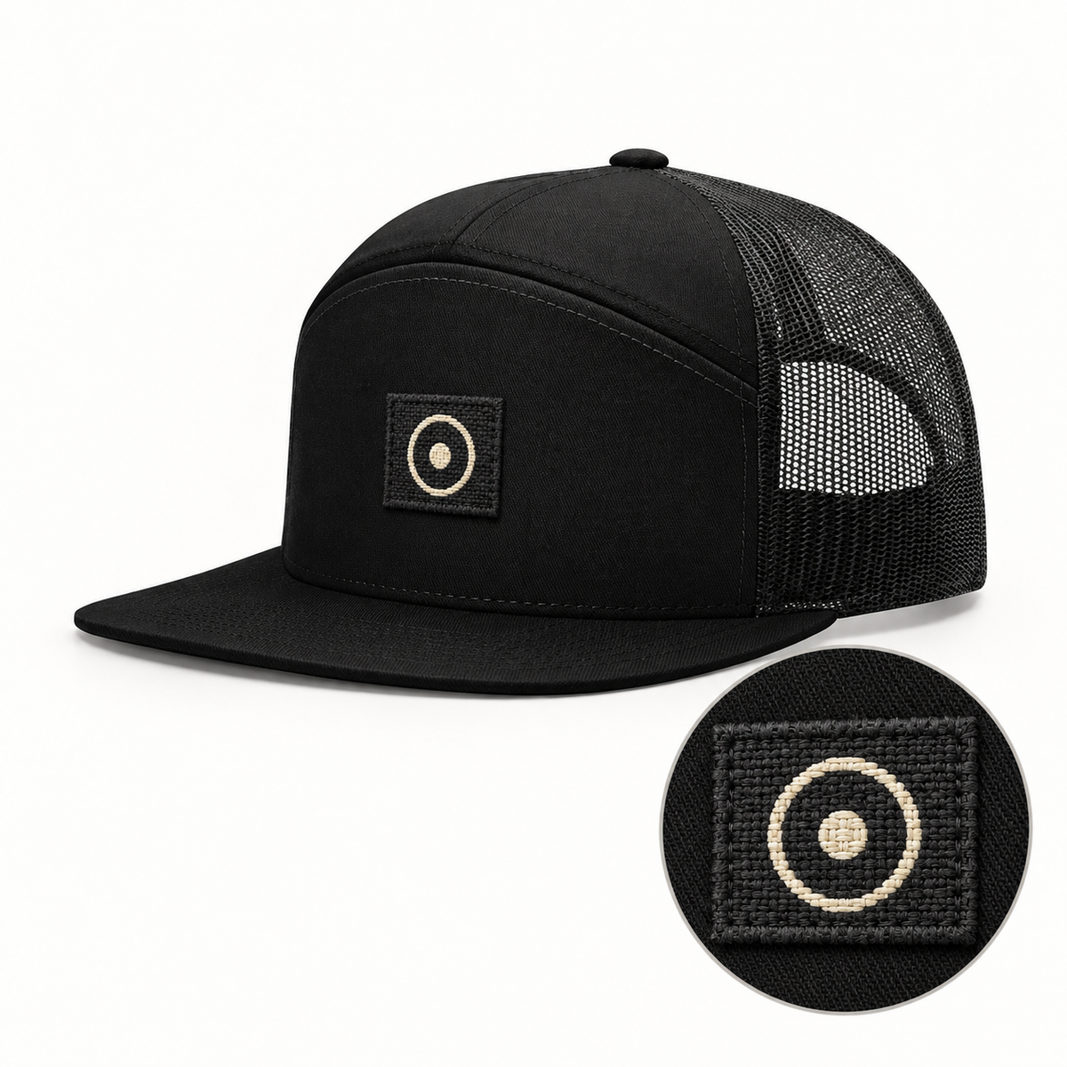 Illustrative woven patch on Richardson 168 hat, with weave close-up