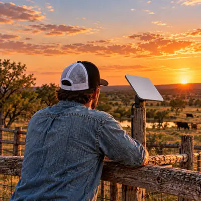 Rancher in a trucker hat next to a Starlink dish at sunset